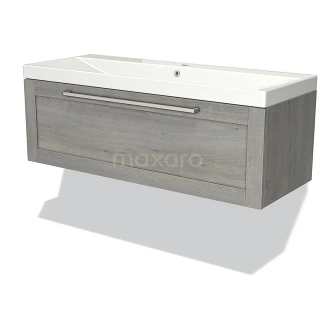 Grey wooden basin base cabinet with integrated porcelain basin, ideal for modern bathroom design.