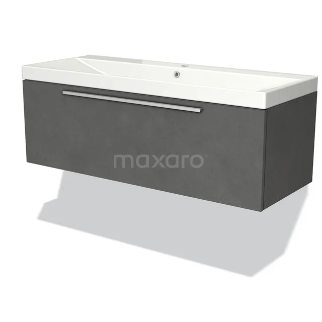 Bathroom unit set, matte anthracite, with white ceramic vanity units with basin and metal handle, wall-mounted.