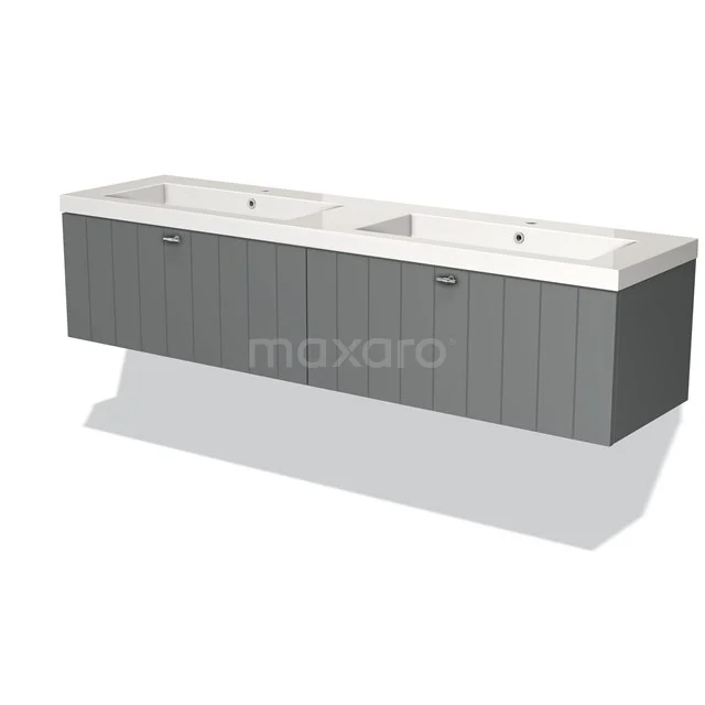 Grijze dubbele wastafelmeubel met ribbelpatroon, hangend ontwerp, ideaal voor een moderne badkamer.