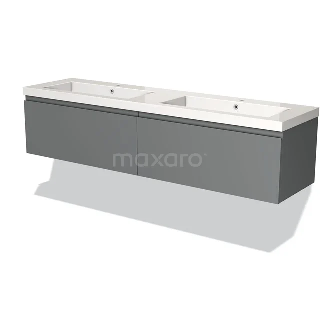 Grijze dubbele wastafel met strak modern design, hangend model, ideaal voor stijlvolle badkamers.