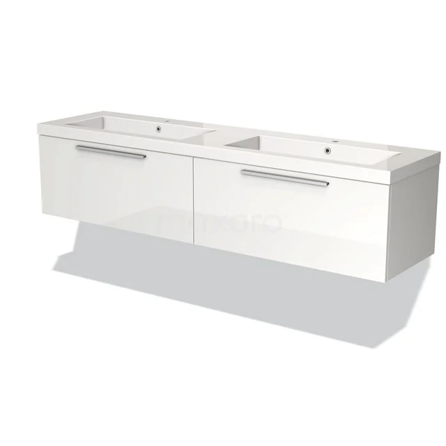 Weiße Doppelwaschbeckenmöbel aus Hochglanz mit zwei Schubladen, ideal für eine moderne Badezimmer Einrichtung.