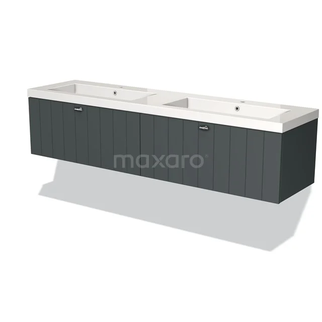 Donkergrijze houten dubbele wastafel met witte keramische wasbak, ideaal voor een moderne badkamerinrichting.
