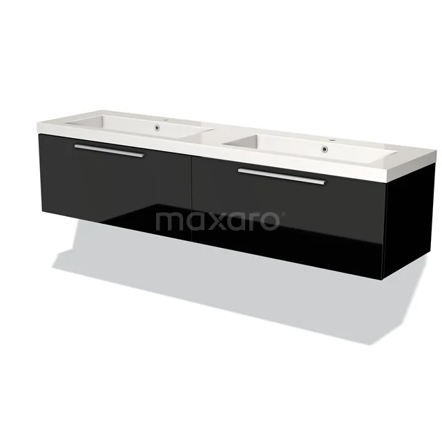 Zwarte dubbele wastafel met glanzende afwerking, wandmontage en strak design, ideaal voor moderne badkamerinrichting.