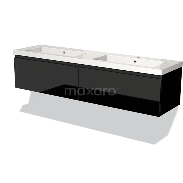 Schwarzes Doppelwaschbecken mit glänzender Oberfläche und weißen keramischen Aufsatzwaschbecken, ideal für einen modernen Badezimmerstil.