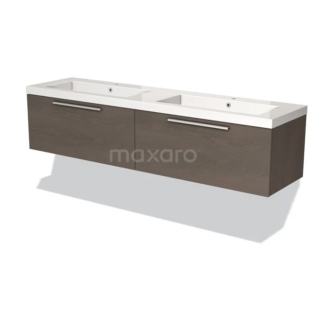 Modulo Vanity units with basin | 180 cm Dark brown oak Flat front Mineral marble 2 Side-by-side drawers BMW12-00641 Wooden bathroom unit with double basin and white ceramic vanity units with basin, wall-mounted, modern design.