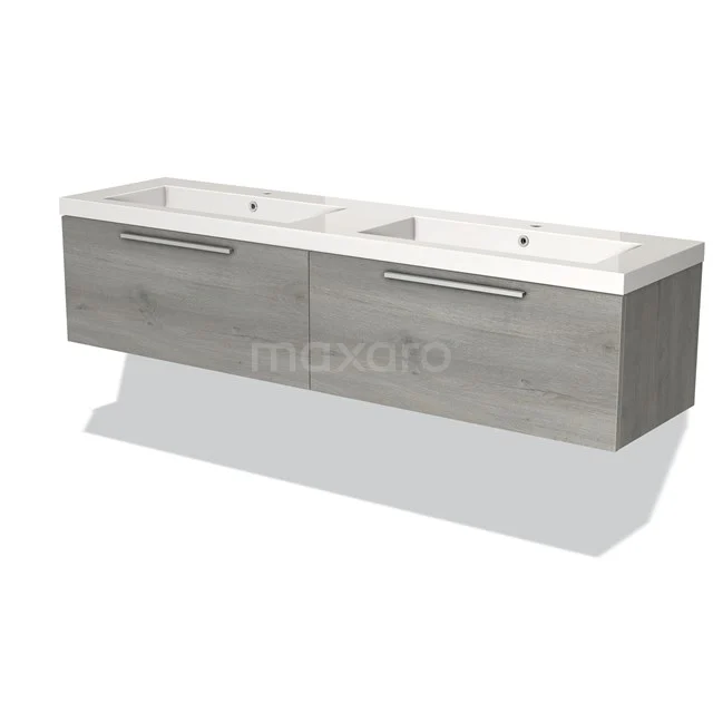 Grijze dubbele wastafel met een houten uitstraling, twee lades en een strak design; ideaal voor een moderne badkamer.