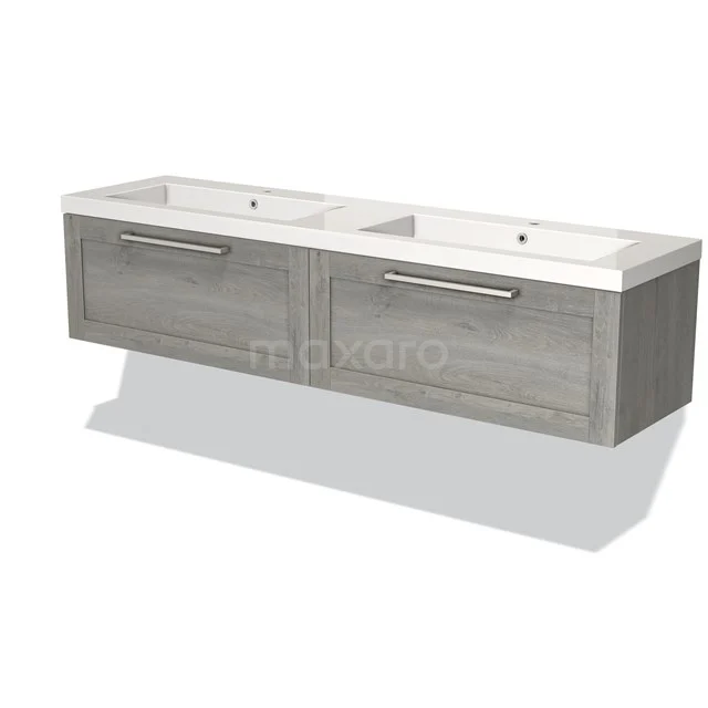 Zwevende badkamermeubel met dubbele wastafel, grijs hout-look, moderne designserie, voorzien van ruime opberglades.