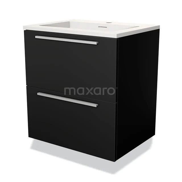 Schwarze Badmöbelset mit 2 Push-to-Open Schubladen, einem keramischen Waschbecken und modernem Design, perfekt für ein stilvolles Badezimmer.