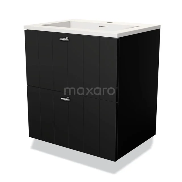 Zwarte badkamermeubelset met twee lades en een witte keramische wastafel, modern design, ideaal voor compacte badkamers.