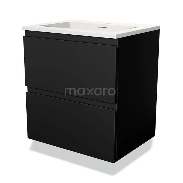 Zwart badkamermeubel met twee lades, keramische wastafel en strak design, perfect voor moderne badkamers.