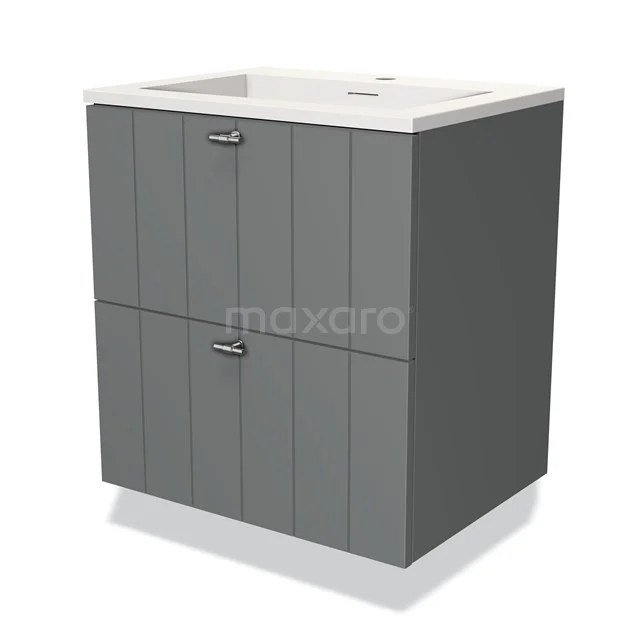 Grijze badkamerkast met twee deuren, houten lamellen design, witte wastafel en moderne handgrepen.
