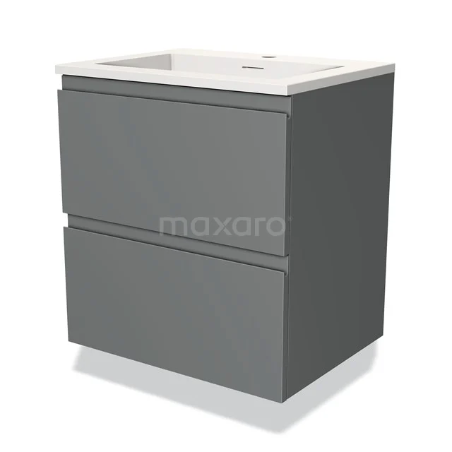 Grijze badkamerkast met twee lades, modern design en keramische wastafel, ideaal voor stijlvolle badkameropslag.