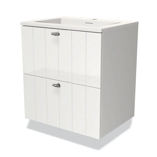 Wit badkamermeubel met twee greeploze lades, panelen met verticale lijnen en keramische wastafel, ideaal voor moderne badkamers.
