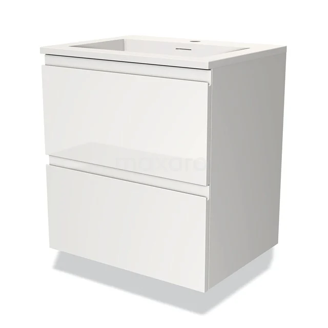 Weißes Badezimmermöbel mit zwei grifflosen Schubladen, modernem Hochglanz-Finish und kompaktem Design für kleine Bäder.