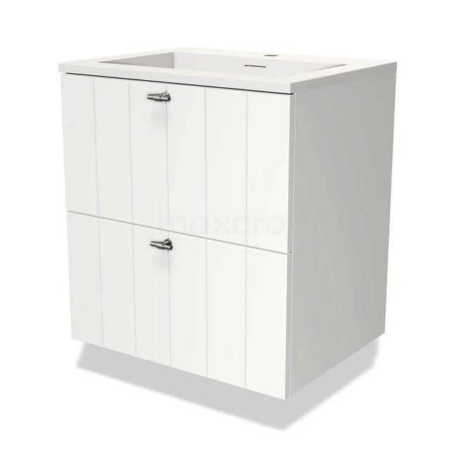 White, wooden bathroom unit with basin and two drawers, vertical lines on front, ideal for compact bathrooms.