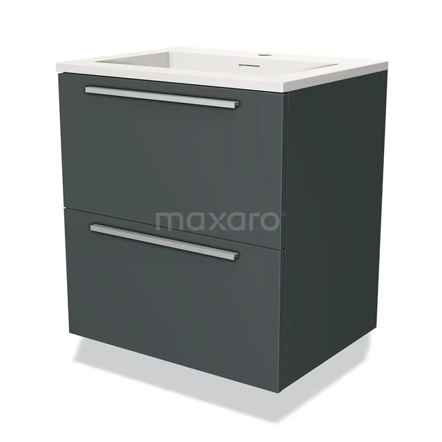 Donkergrijze badkamermeubel met twee lades, witte wastafel, strak design, ideaal voor een moderne badkamerinterieur.