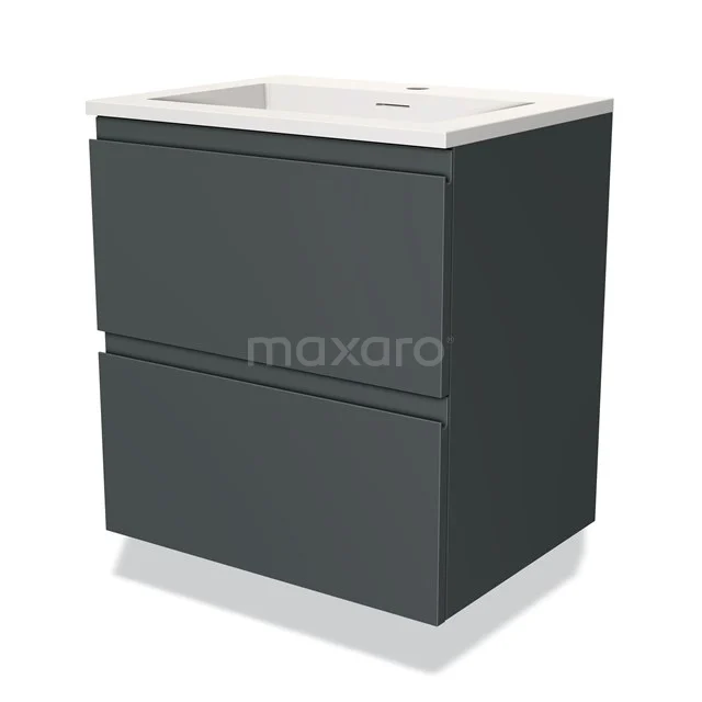 Donkergrijze hangende badkamermeubel met twee lades, witte wastafel en strak design, ideaal voor moderne badkamerindeling.