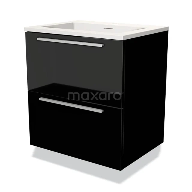 Black bathroom cabinet with two drawers, glossy finish and ceramic basin, ideal for modern bathroom storage.