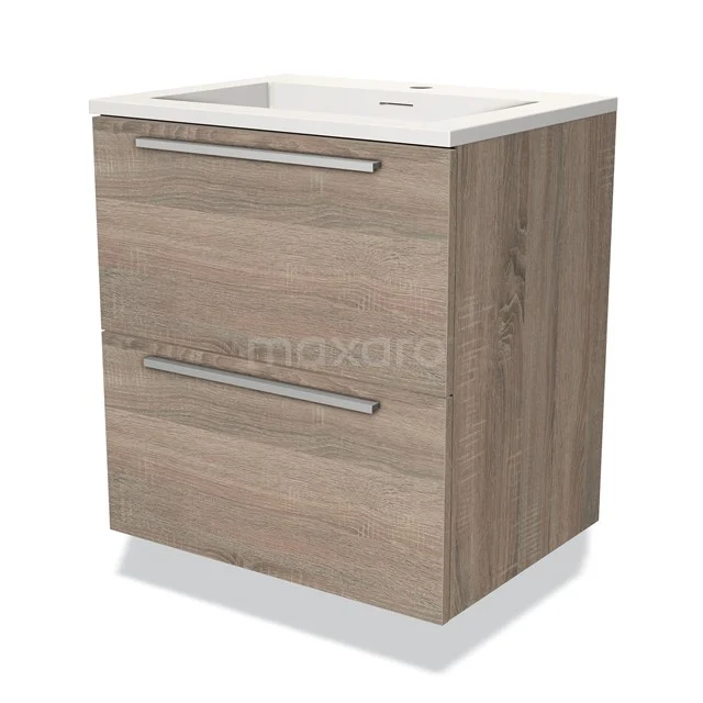 Houten badkamermeubel met twee lades en keramische wastafel, modern design in eiken finish.