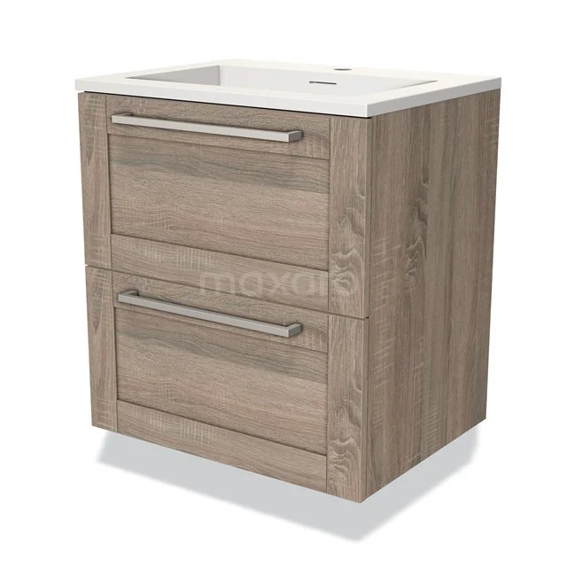 Hölzerner Badschrank mit zwei Schubladen, modernen Haltegriffen und einem weißen Waschbecken; stilvolles und kompaktes Badmöbel.