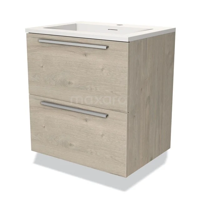 Houten badkamermeubel met twee lades en wit wastafelblad, modern design, ideaal voor stijlvolle badkameropslag.