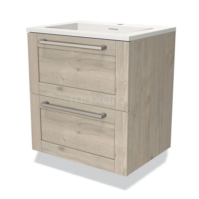 Houten badkamermeubel met twee lades, licht eiken kleur, modern design en geïntegreerde wastafel. Perfect voor compacte badkamers.