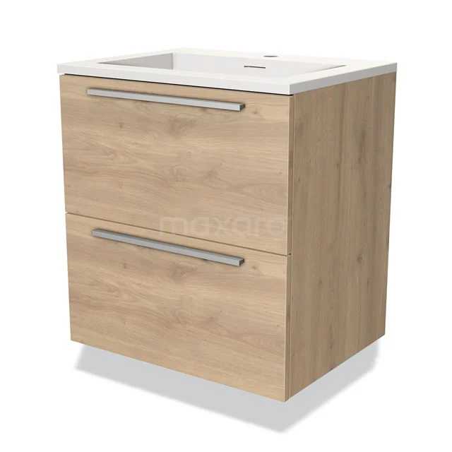 Badkamerkast houtlook met twee lades, wit wastafelblad en metalen grepen, ideaal voor moderne badkameropslag.