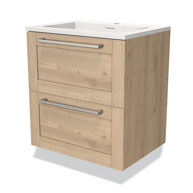 Houten badkamermeubel met twee lades en geïntegreerde wastafel, natuurlijke houtlook, ideaal voor moderne badkamers.