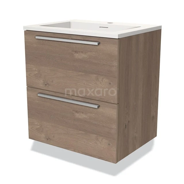 Houten badkamermeubel met twee lades, moderne chroomgrepen en wit keramische wastafel, ideaal voor stijlvolle badkamers.