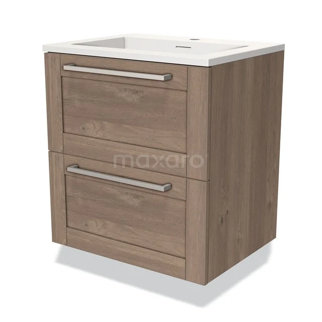 Wooden bathroom unit with two drawers, white vanity units with basin and metal handles, compact design for modern bathrooms.