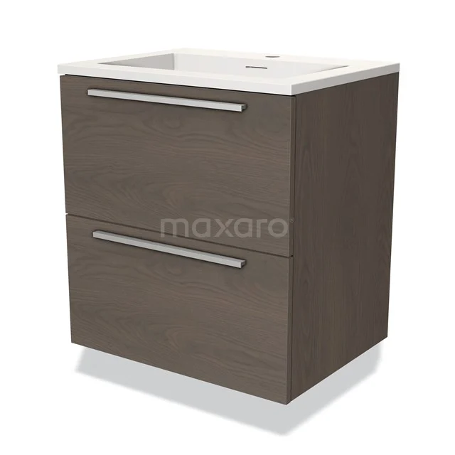 Compact houten badkamermeubel met twee lades, witte wastafel en strakke handgrepen, ideaal voor moderne badkamerinrichting.