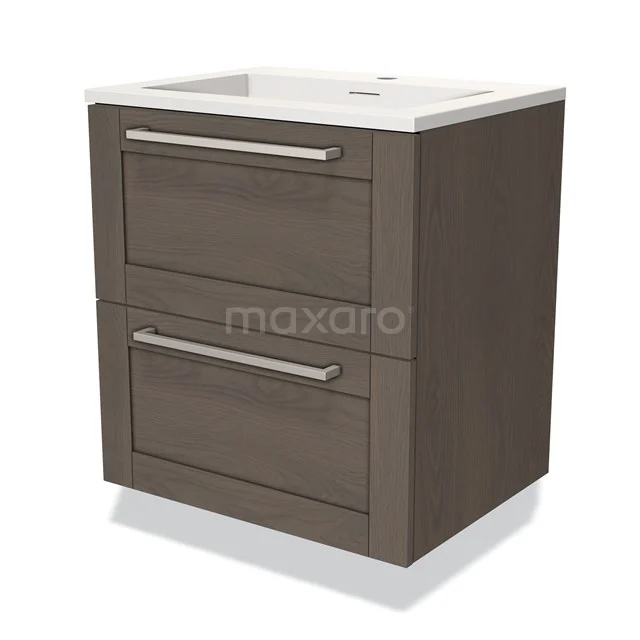 Houten badkamermeubel met twee lades, bruin eiken kleur, modern design, witte wastafel bovenop, ideaal voor een stijlvolle badkamer.