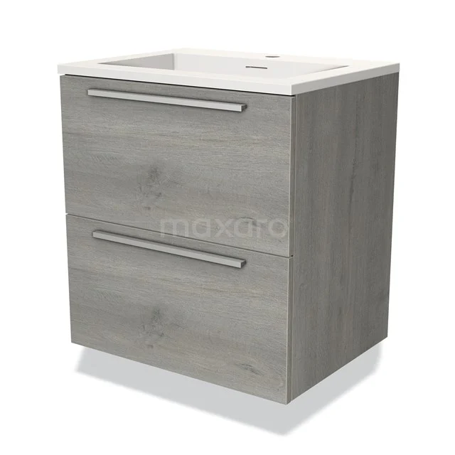 Grijze houten badkamermeubel met twee lades en een witte wastafel, ideale compact oplossing voor moderne badkamers.