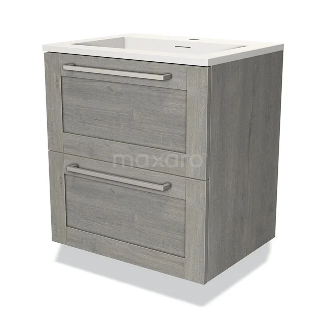 Grijze eikenhouten badkamermeubel met twee lades en witte wastafel, ideaal voor moderne badkamerruimtes.
