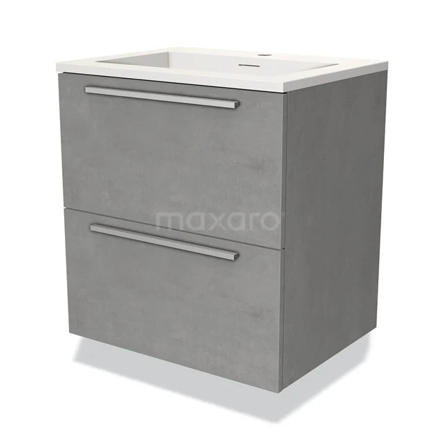 Grijze badkamermeubelset met twee lades en witte wastafel, modern design en houtlook afwerking voor een stijlvolle badkamer.