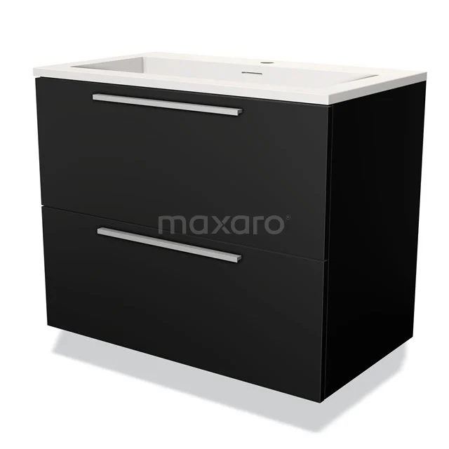 Zwarte badkamermeubel met twee lades, slanke metalen grepen en witte wastafel; modern en strak design.