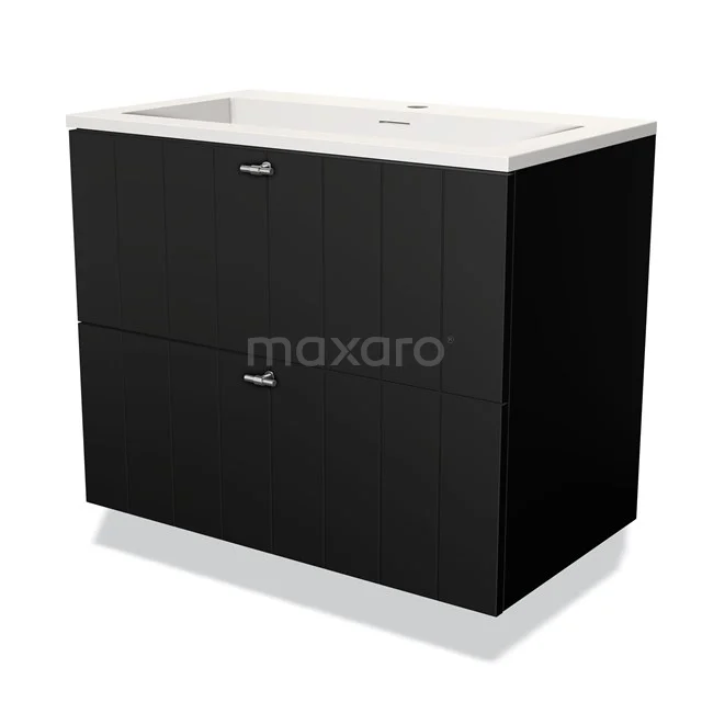 Black bathroom furniture set with two drawers and white basin, modern design, ideal for stylish bathroom storage.