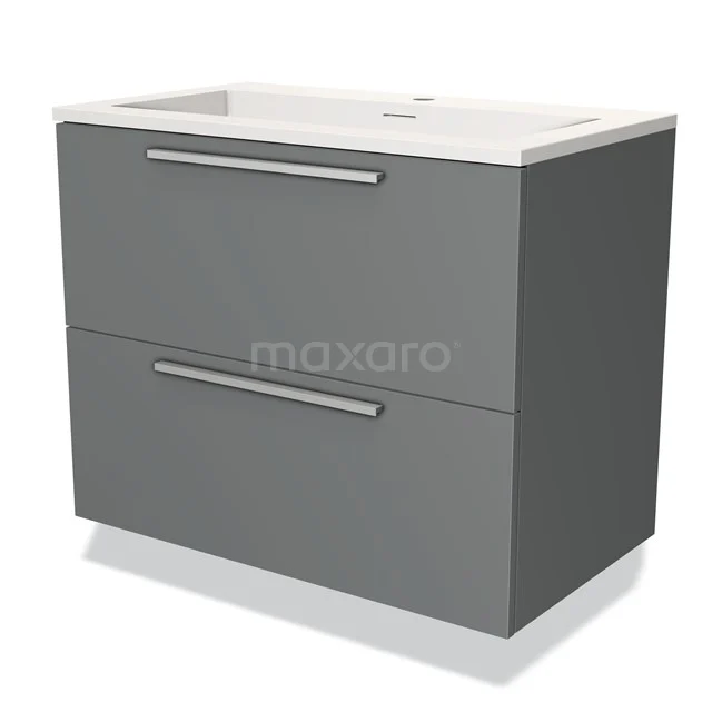 Grijze badkamermeubel met witte wastafel, twee lades en zilverkleurige handgrepen, modern design van solide materiaal.