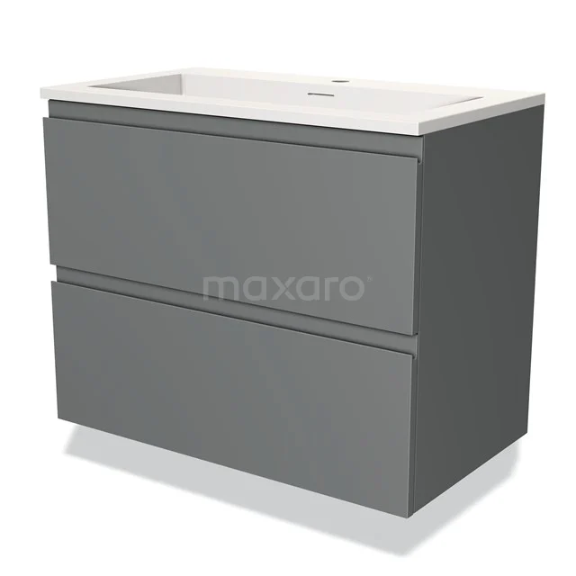 Grey bathroom cabinet with two drawers, rounded corners and a white basin; modern design, ideal for bathroom storage.