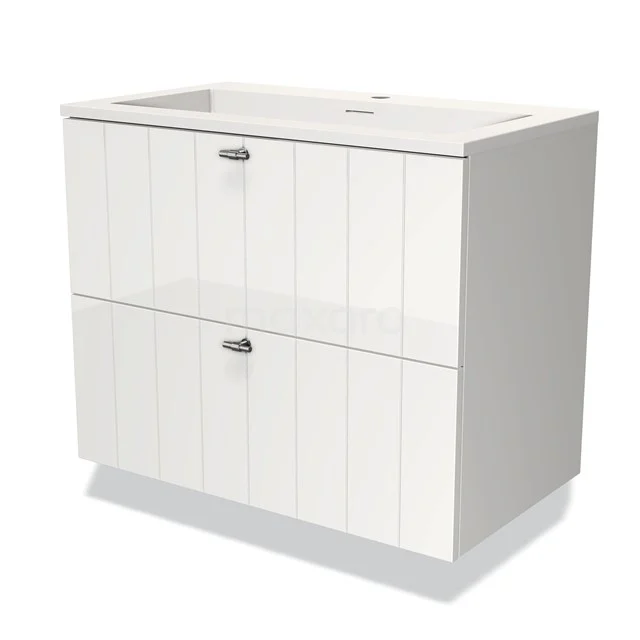 Wit badkamermeubel met twee lades, verticaal ribbelpatroon en keramische wasbak, ideaal voor moderne badkamerinterieurs.