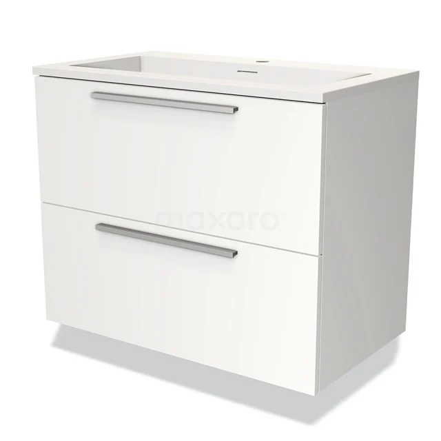Wit badkamermeubel met 2 lades en geïntegreerde wastafel, modern ontwerp en gladde afwerking.