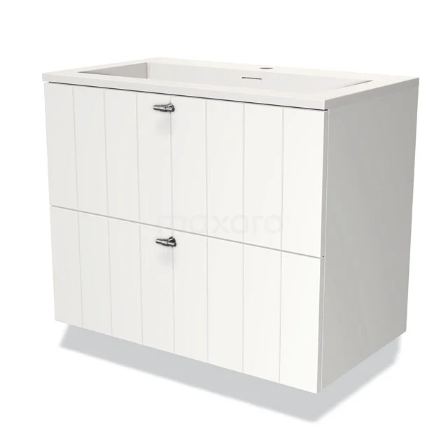 Weißes Badezimmermöbel mit zwei Schubladen, moderne Ausführung in Holzmaserung, ideal für stilvolle und funktionale Badezimmerlagerung.