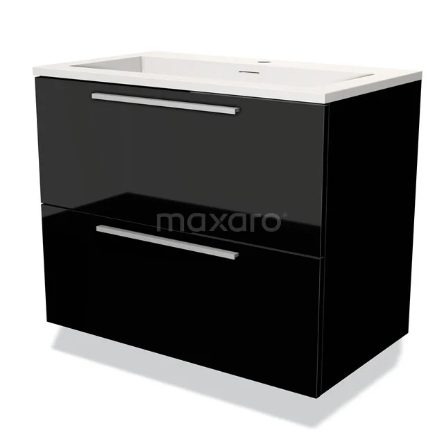 Black bathroom unit with two drawers, high-gloss finish and integrated vanity units with basin; stylish and functional design.