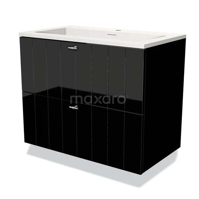 Black bathroom base unit with glossy finish, double drawers and integrated ceramic double basin, modern design.