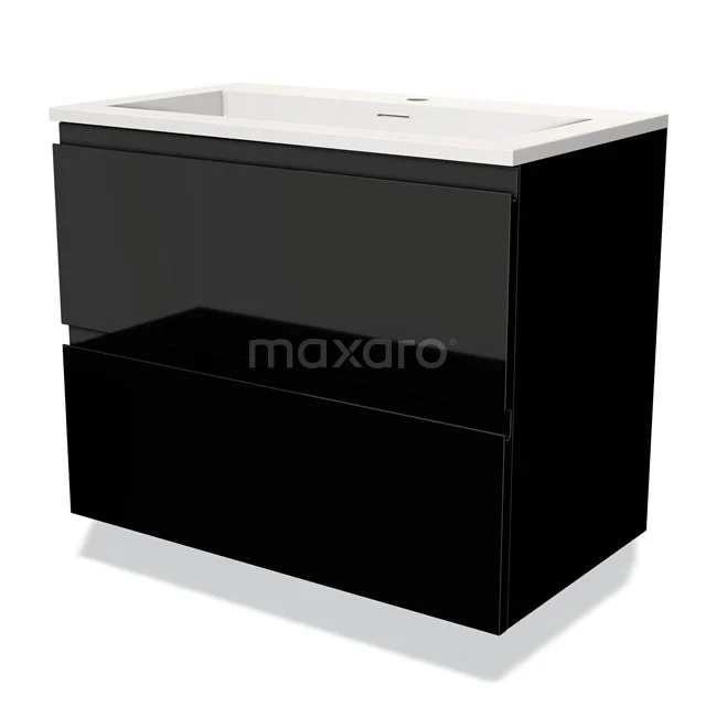 Zwarte badkamermeubelset met twee lades en geïntegreerde wastafel, modern ontwerp, ideaal voor strakke badkamers.