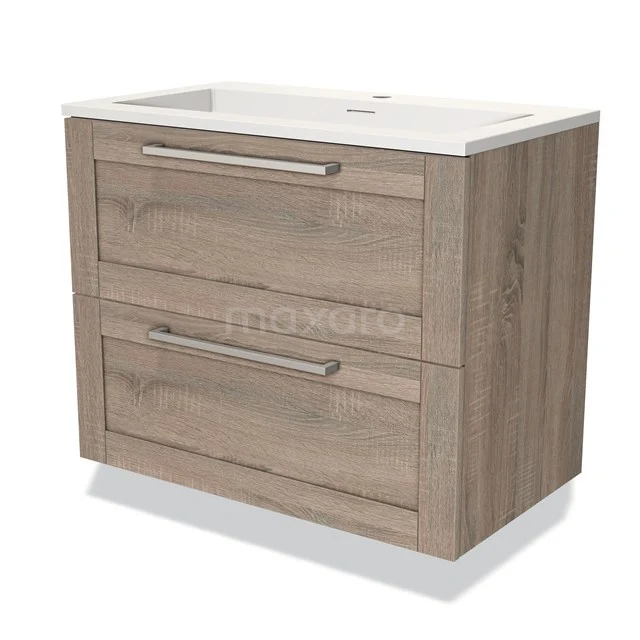 Houten badkamermeubel met twee lades, wastafel van keramiek en stijlvolle handgrepen; perfect voor moderne badkamer inrichting.