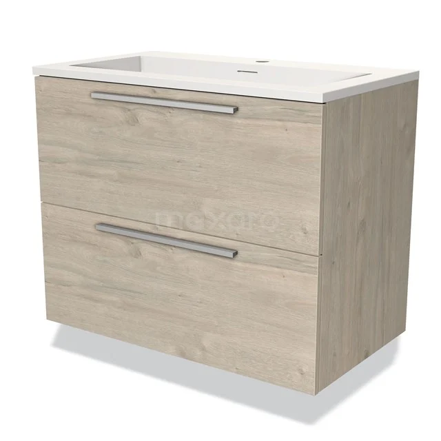 Holz Badezimmermöbel mit zwei Schubladen, keramischem Waschbecken und matten grauen Haltegriffen; modernes Design für das Badezimmer.