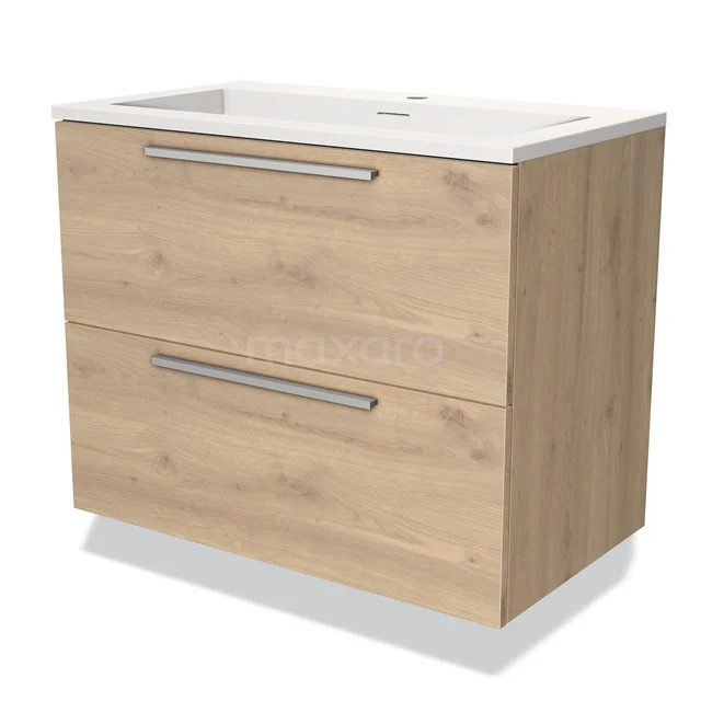 Houten badkamermeubel met twee lades, eiken look, inclusief witte keramische wastafel, modern design voor elke badkamer.