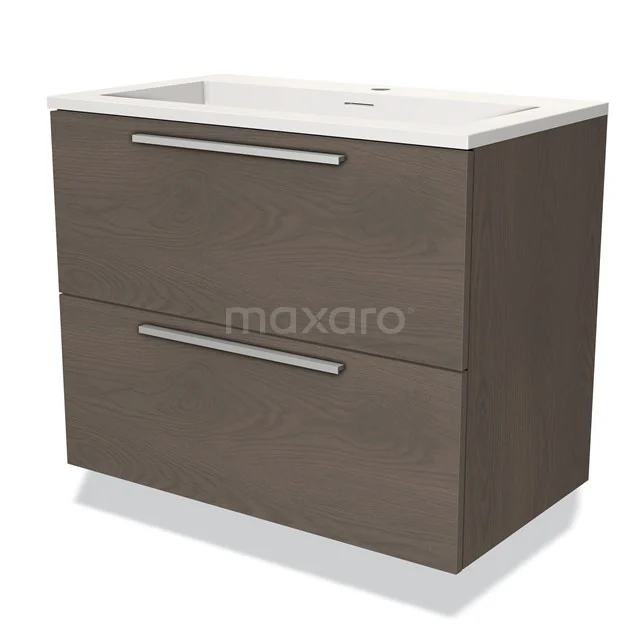 Bruine houten badkamermeubel met twee laden en een witte wastafel, modern design geschikt voor elke badkamerstijl.