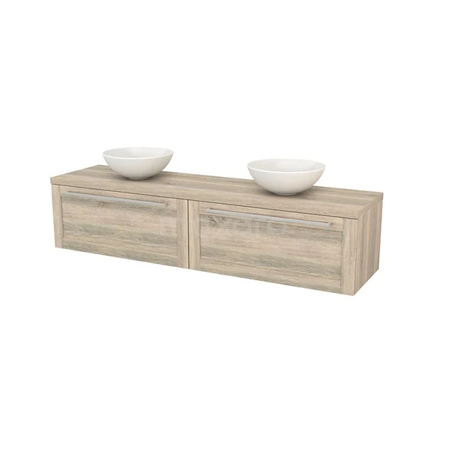 Holz Badezimmermöbel mit zwei weißen Aufsatzwaschbecken, Schubladenfronten in Eichenoptik, perfekt für eine moderne Badezimmer Einrichtung.